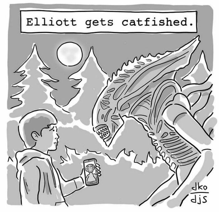Black and white one-panel comic showing a boy holding a phone and a scary alien, turning everyday situations into funny comics.