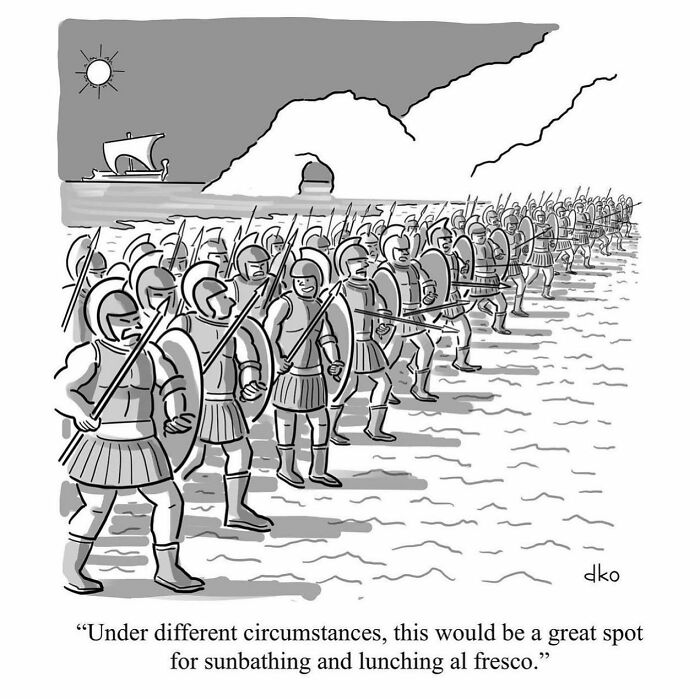 Line of ancient soldiers on a beach humorously captioned about everyday situations in a one-panel comic style.
