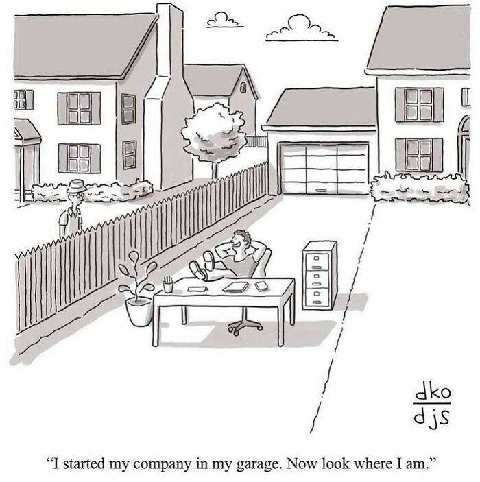 Black and white comic showing a man relaxing at a desk in his driveway, illustrating everyday funny one-panel comics.