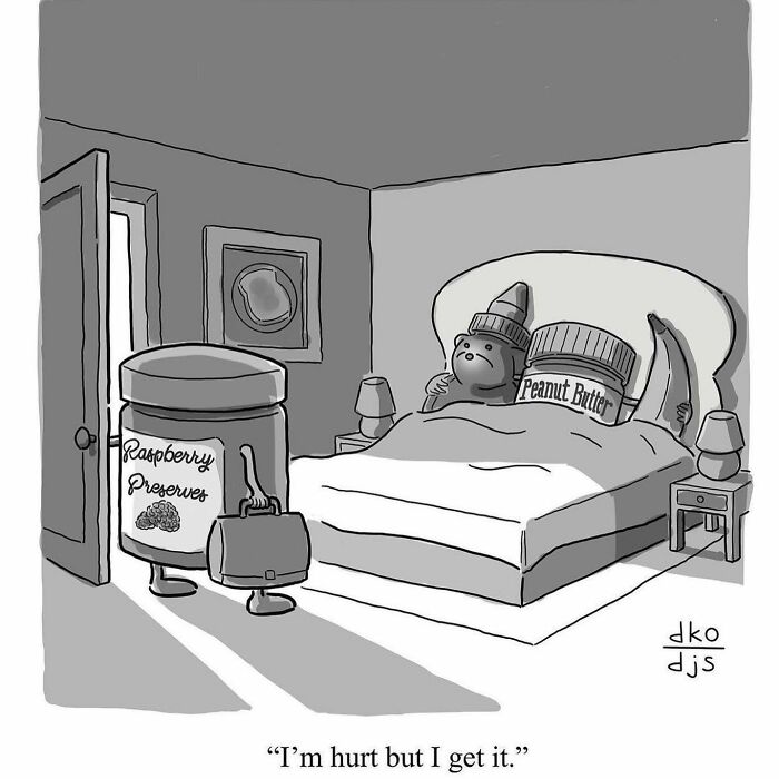 Funny one-panel comic featuring anthropomorphic peanut butter and jelly jars in a bedroom scene with a humorous twist.