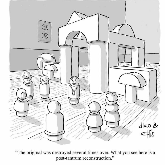Funny one-panel comic illustrating a post-tantrum reconstruction of a child's block structure in an everyday situation.