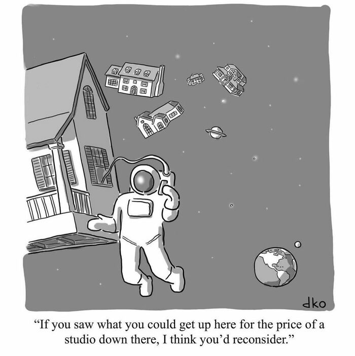 Black and white comic of an astronaut floating in space next to houses, humorously comparing space to studio apartments.