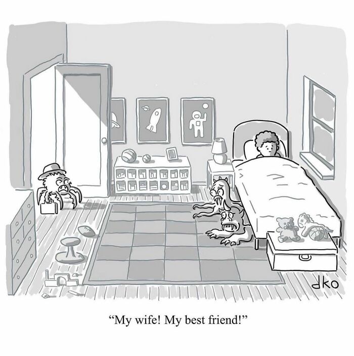 Black and white funny one-panel comic showing a child in bed with monsters and a crab entering the room, everyday situations humor.