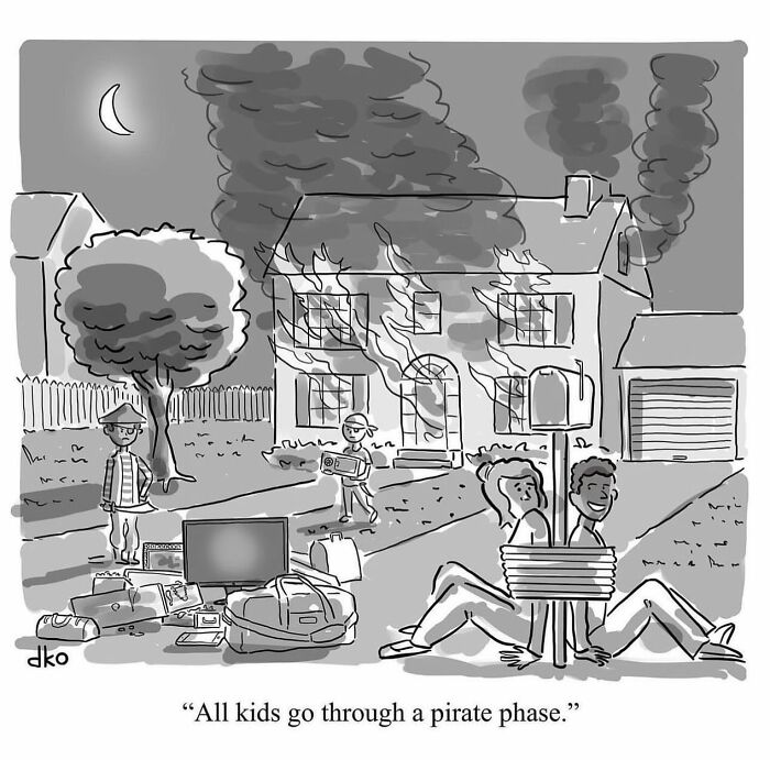 Black and white one-panel comic showing kids tied to a pole while a house burns, illustrating funny everyday situations.
