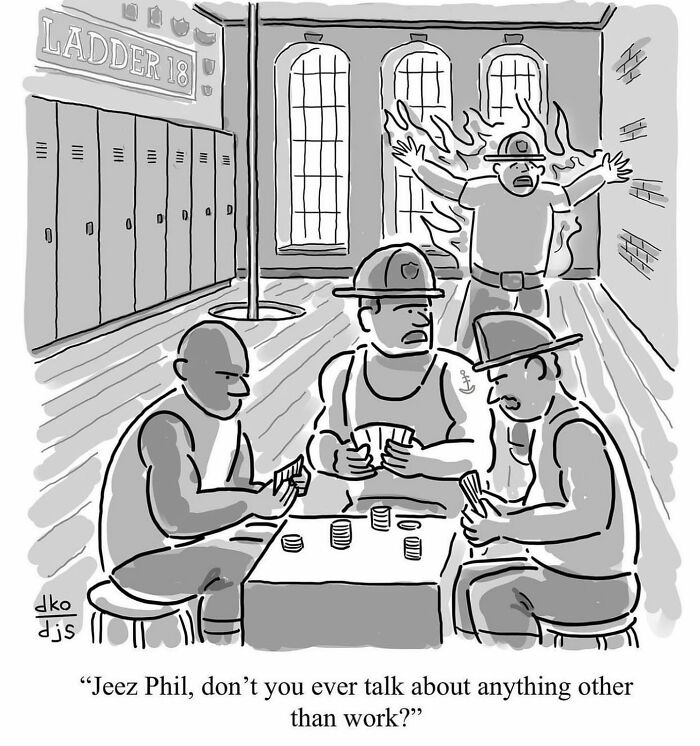 Firefighters playing cards in a funny one-panel comic turning ordinary situations into humor.