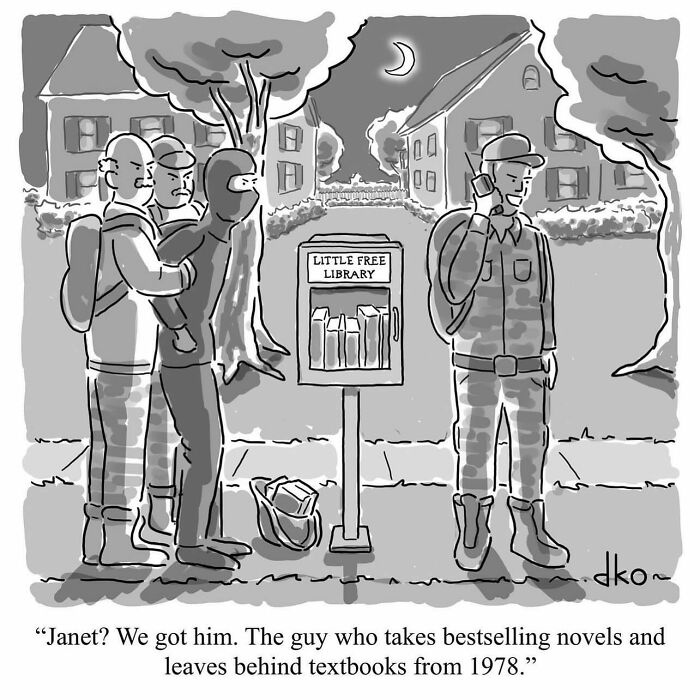 Black and white comic showing a thief caught at a little free library, from an artist turning everyday situations into funny one-panel comics.