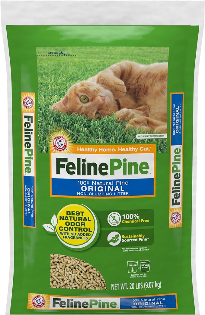 Bag of Feline Pine cat litter featuring natural pine pellets and a playful orange cat on the packaging. Bag of Feline Pine cat litter featuring natural pine pellets and a playful orange cat on the packaging.