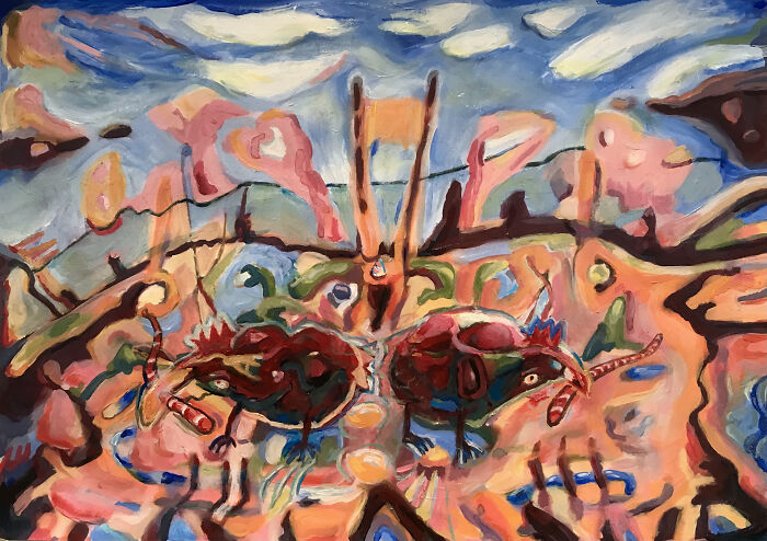 Fertility Cycle. Chickens Turning Scraps Into Eggs. 2023. Acrylic