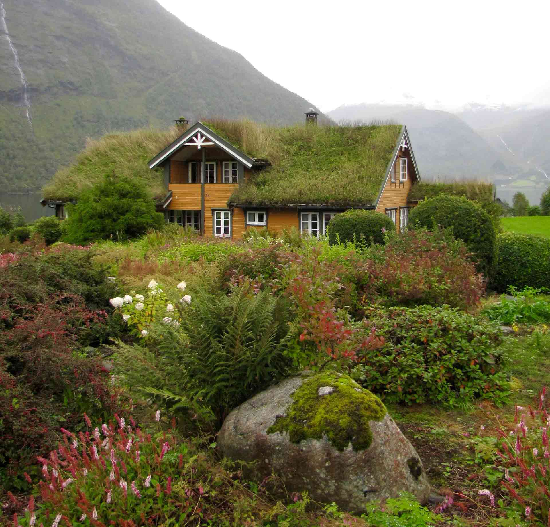 House with grass roof near mountains House with grass roof near mountains
