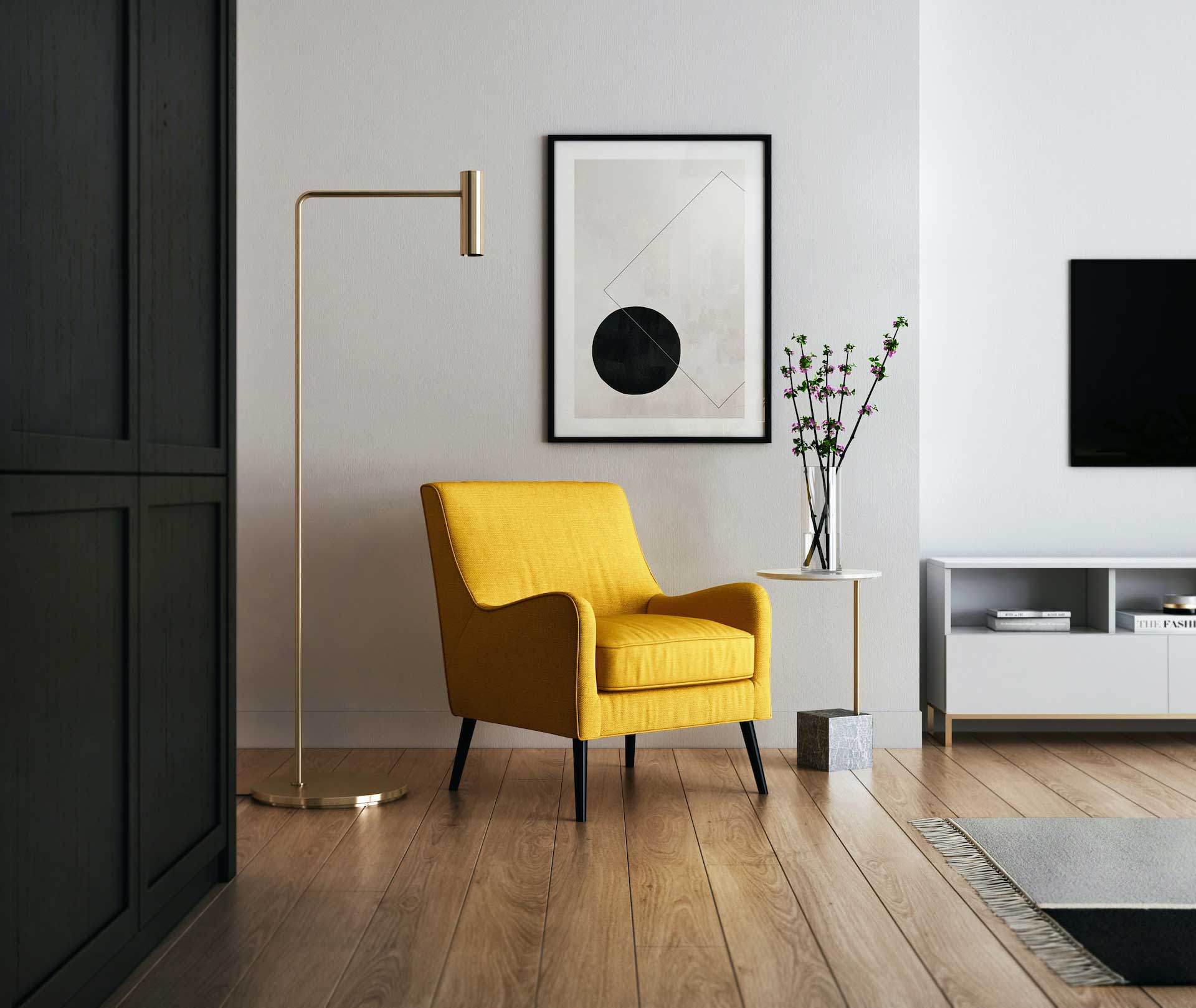 Minimalist interior with yellow armchair, floor lamp, and wall art Minimalist interior with yellow armchair, floor lamp, and wall art