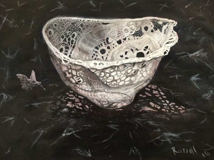 Lace, Moths And Bone Bowl - Post Surgery 2018. Acrylic