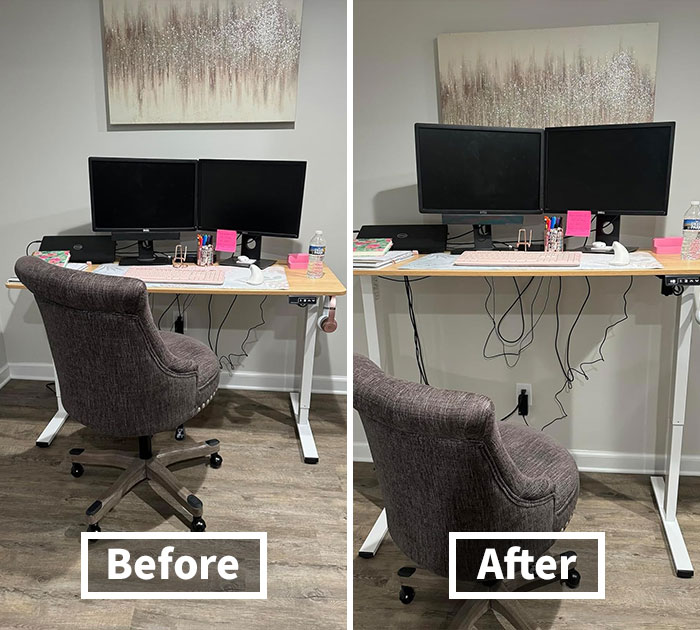 Home office desk setup before and after organizing cables and decluttering, illustrating useful life hacks for a cleaner workspace.