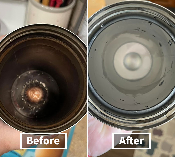 Before and after cleaning a stainless steel tumbler, showcasing an effective life hack for easy maintenance.