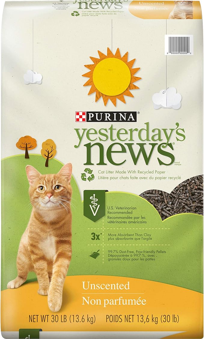 "Purina Yesterday's News cat litter packaging featuring an orange cat and eco-friendly attributes. "Purina Yesterday's News cat litter packaging featuring an orange cat and eco-friendly attributes.