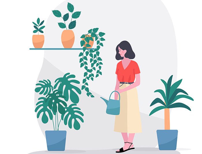 Illustration of a women watering flowers.