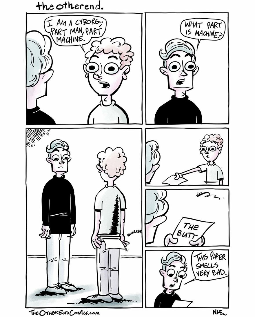 Comic strip by Neil Kohney featuring dark humor about being part machine, with a humorous twist involving paper.