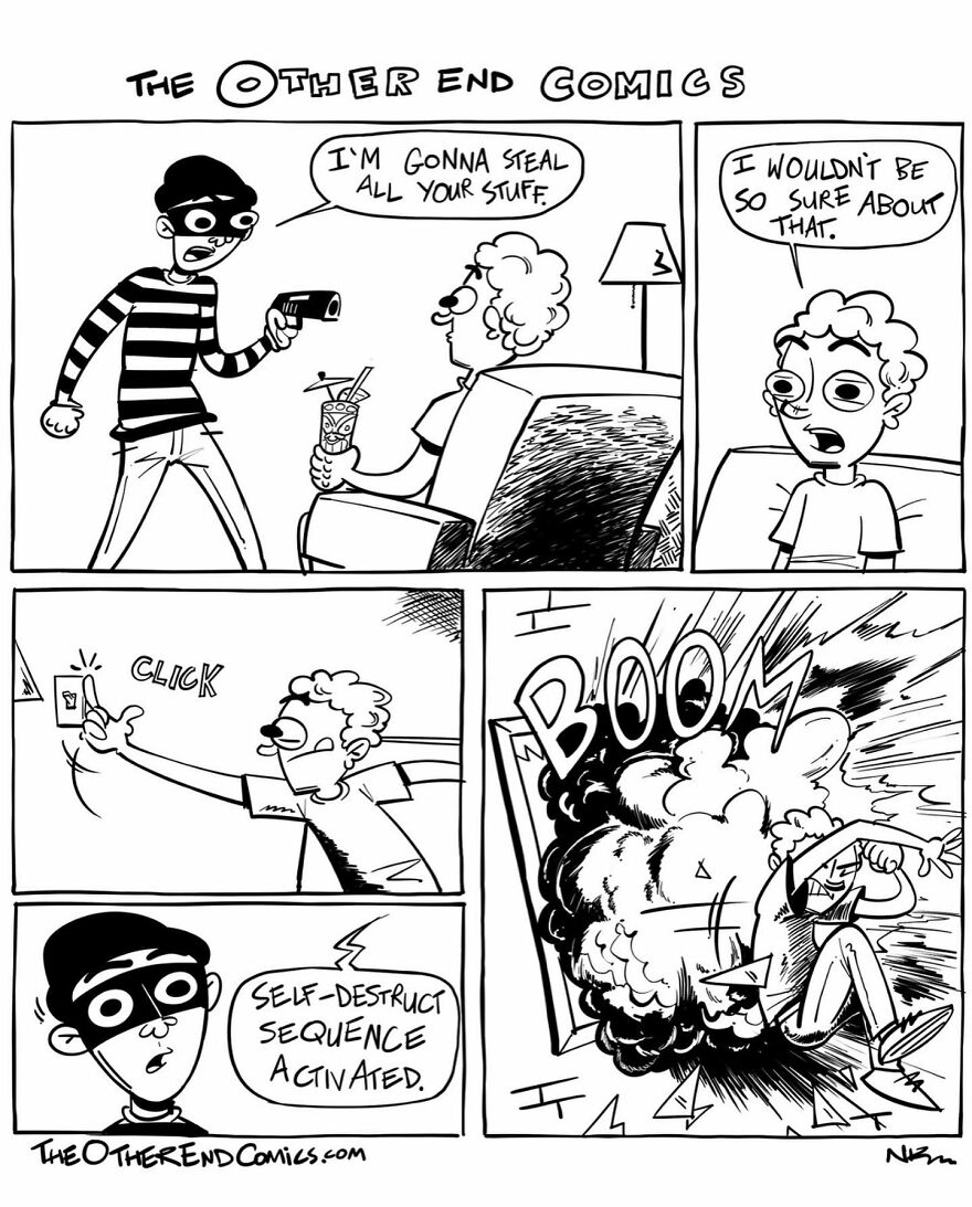 Comic by Neil Kohney featuring dark humor with a burglar triggering a self-destruct sequence leading to an explosion.