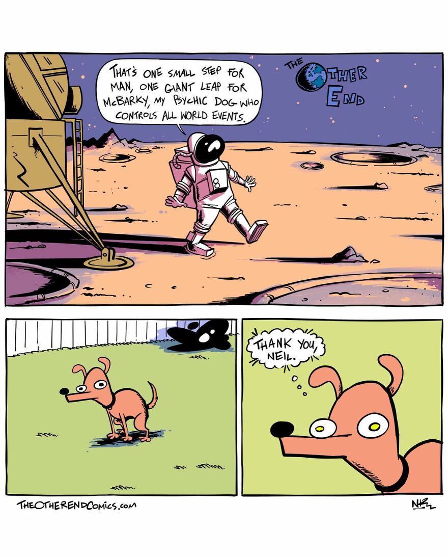 Astronaut on moon, comic style, with a dog on Earth. Dark humor theme by Neil Kohney.