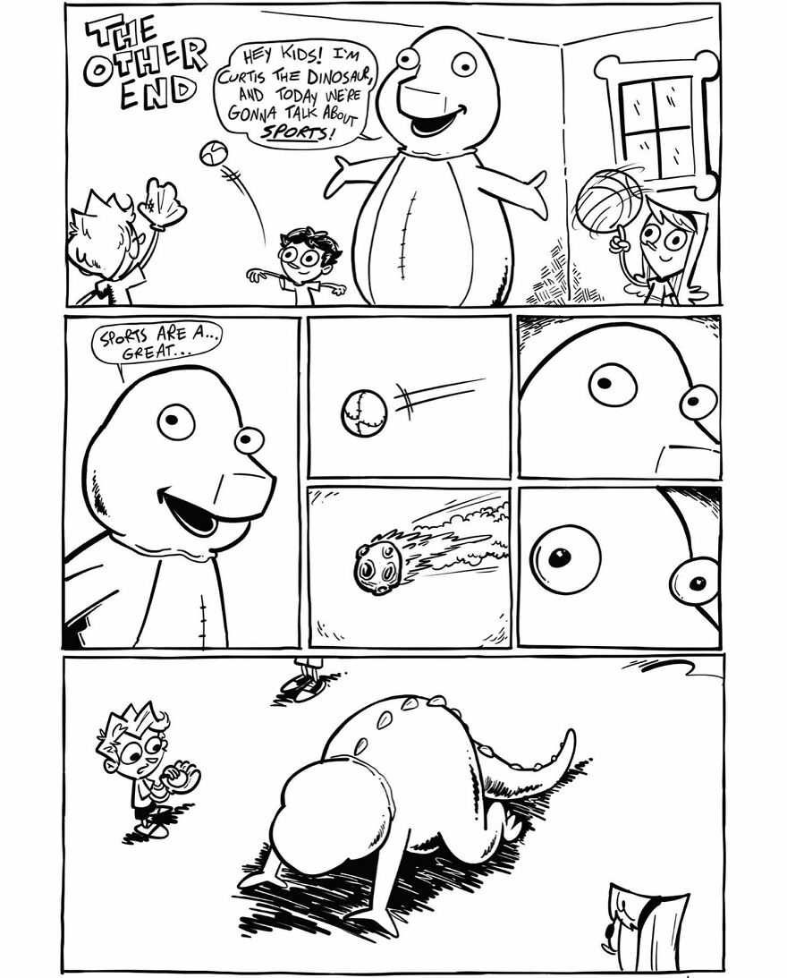 Comic strip by Neil Kohney featuring a dinosaur talking about sports with dark humor.