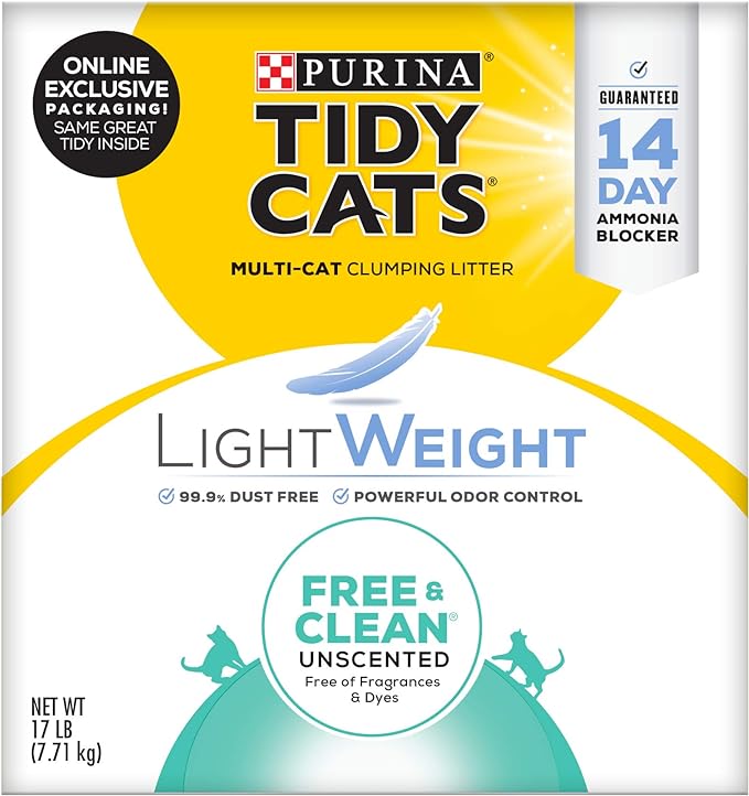 Purina Tidy Cats multi-cat clumping litter package, highlighting lightweight and unscented features. Purina Tidy Cats multi-cat clumping litter package, highlighting lightweight and unscented features.