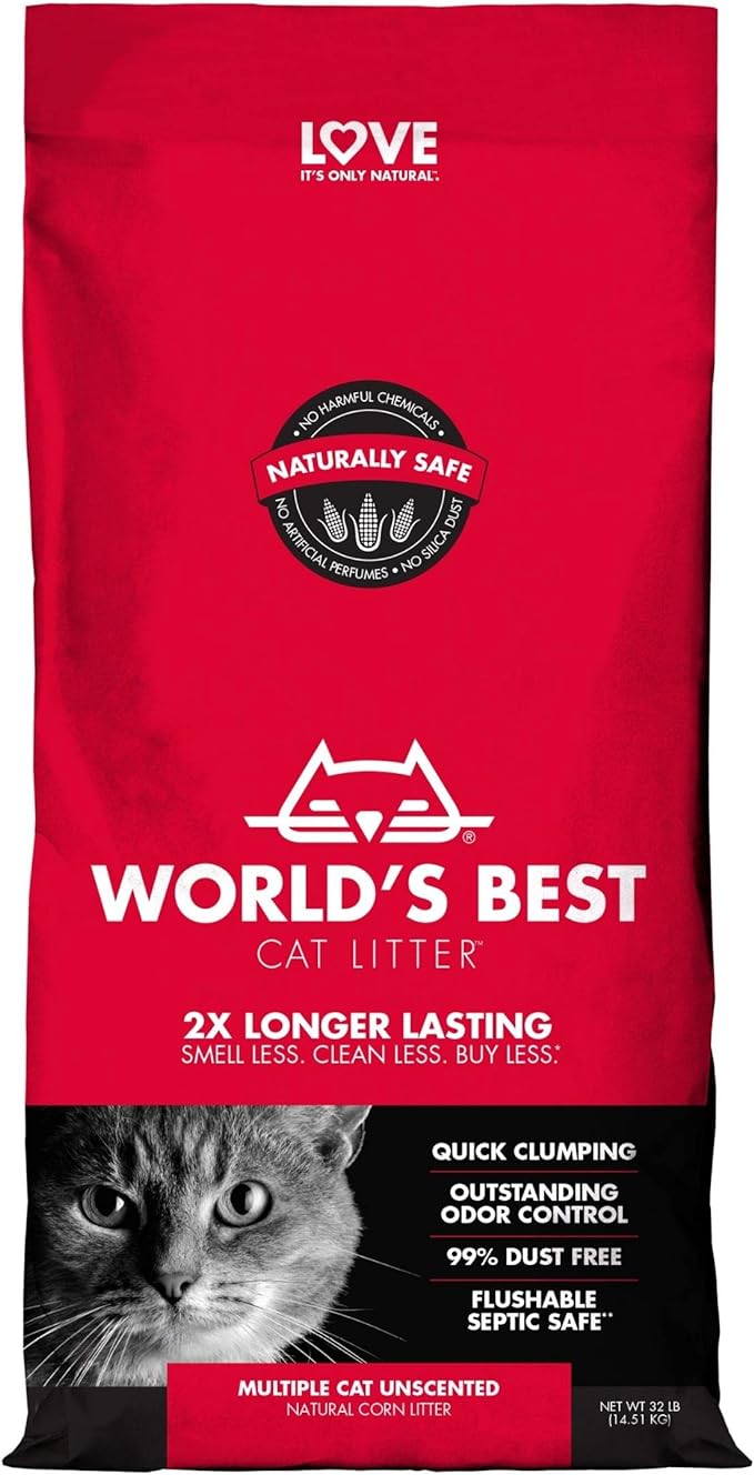 Red bag of World’s Best cat litter featuring a gray cat and product benefits like odor control and dust-free formula. Red bag of World’s Best cat litter featuring a gray cat and product benefits like odor control and dust-free formula.