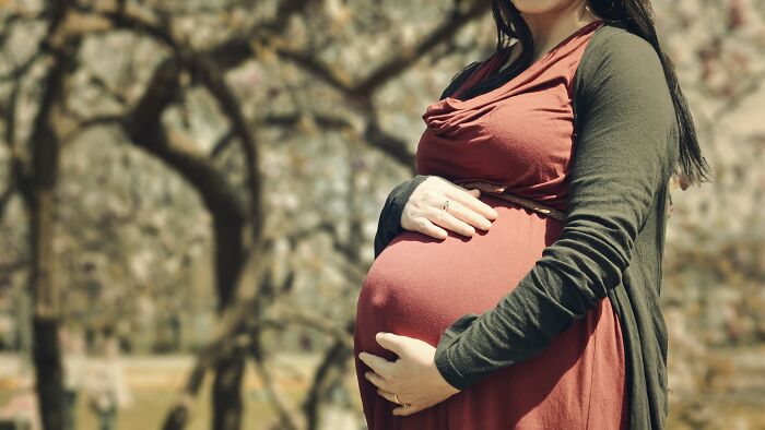 Pregnant woman in a rust-colored dress holding her belly outdoors, symbolizing memorable strangers and shared stories.