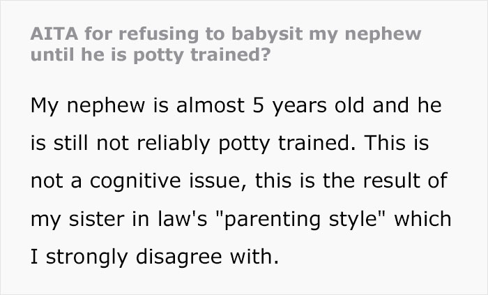 Aunt Refuses To Babysit Her Nephew Until He’s Potty Trained, Gets Accused Of “Parent-Shaming” Aunt Refuses To Babysit Her Nephew Until He’s Potty Trained, Gets Accused Of “Parent-Shaming”