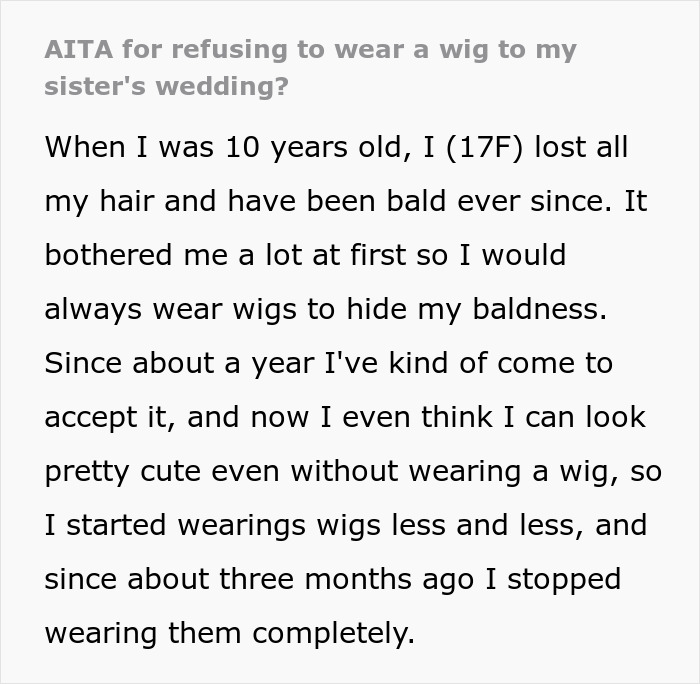 Teen Is Shocked At Sister&rsquo;s Audacity For Asking Her To Wear A Wig At Her Wedding