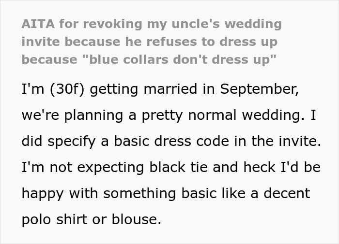Uncle Refuses To Dress Up Because Of His Profession, Woman Denies Him An Invitation To Her Wedding
