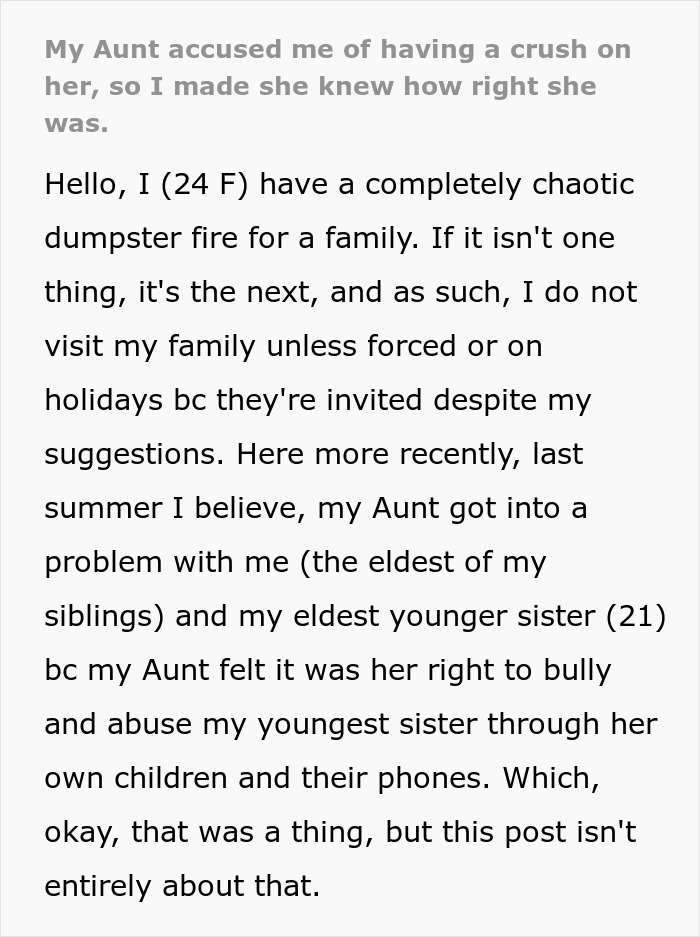Aunt Convinces Everyone Her Niece Is Crushing On Her, Regrets It When She Retaliates