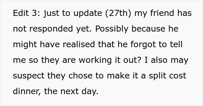 Person Has To Pay $17 For A Dinner Party They Assumed Was Free, Gets Mad And Vents Online Person Has To Pay $17 For A Dinner Party They Assumed Was Free, Gets Mad And Vents Online
