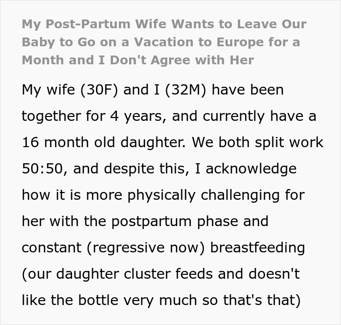 Husband Is Thinking Of Ending His Marriage After His Wife Asks For A Month Off From Being A Mom