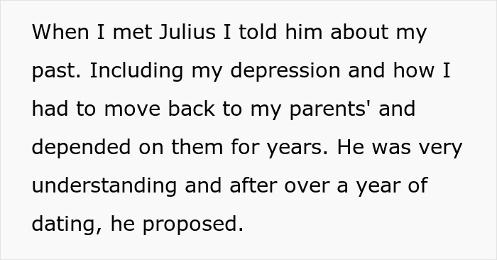 Text: "When I met Julius I told him about my past. Including my depression and how I had to move back to my parents' and depended on them for years. He was very understanding and after over a year of dating, he proposed.