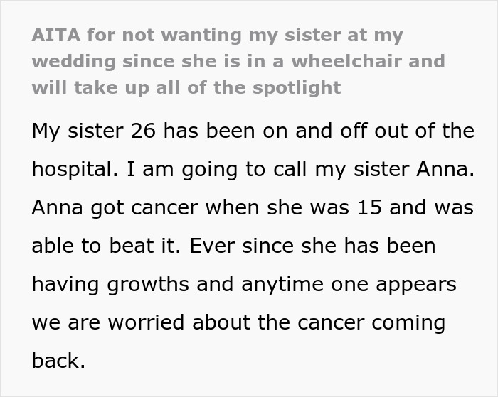 "AITA For Not Wanting My Sister At My Wedding Since She Is In A Wheelchair?": Internet Defends Woman "AITA For Not Wanting My Sister At My Wedding Since She Is In A Wheelchair?": Internet Defends Woman