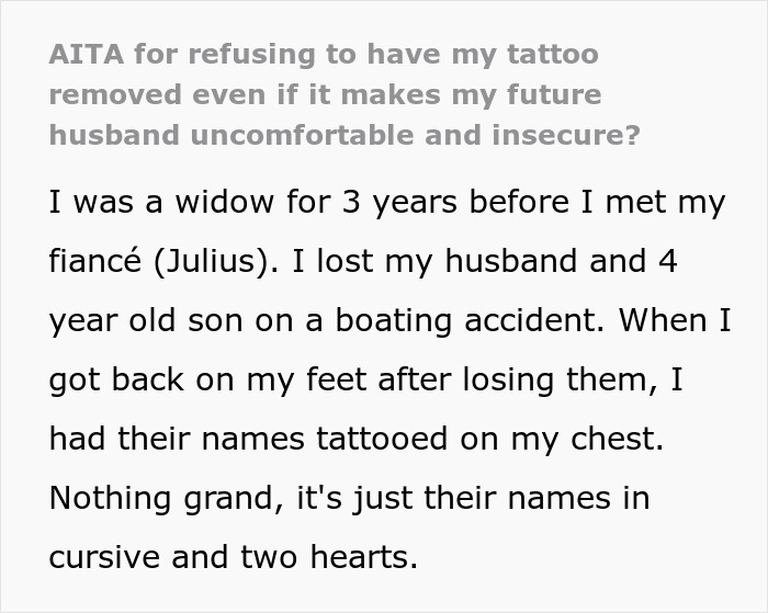Text describes a widow's tattoo for her late spouse and son, causing a family drama with her fianc&eacute;.