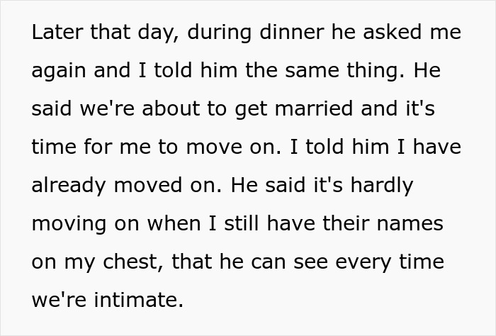 Text describing family drama involving a tattoo honoring late spouse and son.