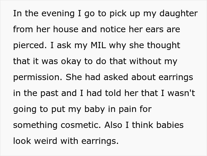 Woman Refuses To Let MIL Babysit Anymore After She Pierced Newborn’s Ears Without Approval Woman Refuses To Let MIL Babysit Anymore After She Pierced Newborn’s Ears Without Approval