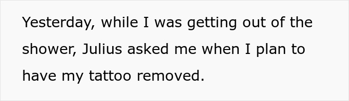 Text excerpt about a man asking his fianc&eacute;e when she'll remove a tattoo honoring her late spouse and son.