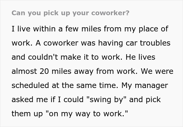 Employee Expected To Give Colleague Regular 40-Mile Rides To Work For Free, Flatly Refuses