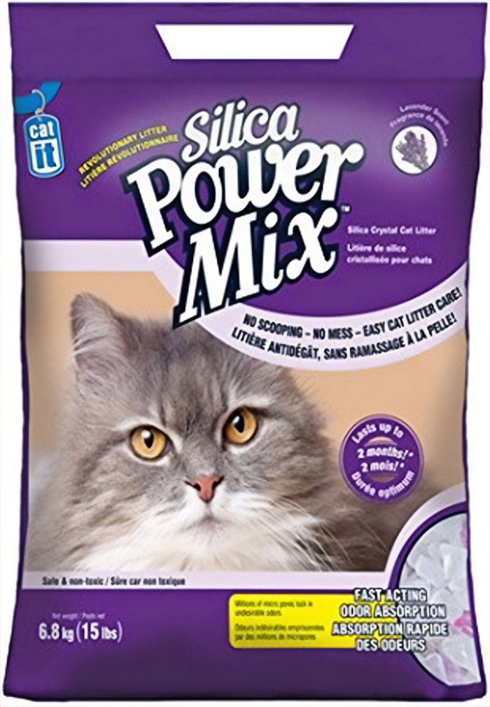Silica cat litter packaging with a fluffy cat, highlighting odor absorption and easy maintenance features. Silica cat litter packaging with a fluffy cat, highlighting odor absorption and easy maintenance features.