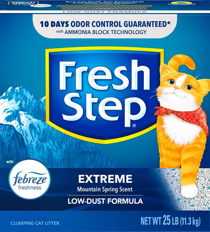 Fresh Step cat litter packaging featuring odor control and a cartoon cat with a mountain backdrop. Fresh Step cat litter packaging featuring odor control and a cartoon cat with a mountain backdrop.