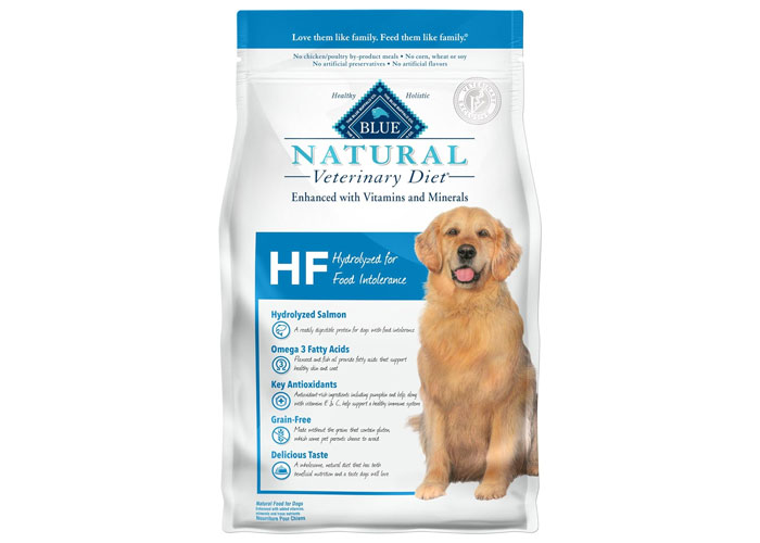 Bag of Blue Natural Veterinary Diet, hydrolyzed dog food for optimal health, featuring a golden retriever image.