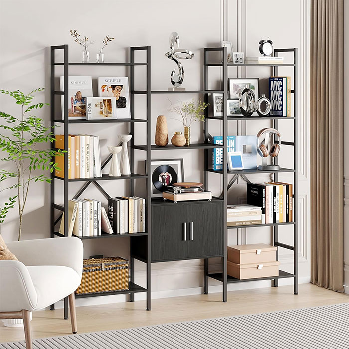 Triple wide industrial bookshelf with door