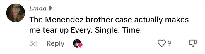 Comment expressing emotion about the Menendez brothers' case, with a profile picture and heart icon.