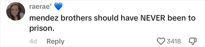 Comment stating "Mendez brothers should have NEVER been to prison," showing support for their release.