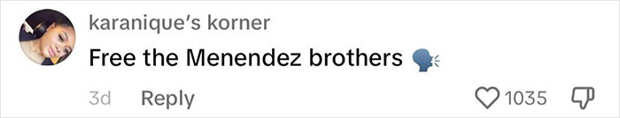 "Comment demands Menendez brothers' freedom, includes emoji and 1035 likes.