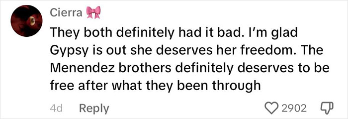 Comment advocating for Menendez brothers' freedom with 2902 likes.