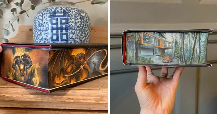 30 Magical Drawings On The Edges Of Popular Books Featuring Famous Scenes Done By This Artist