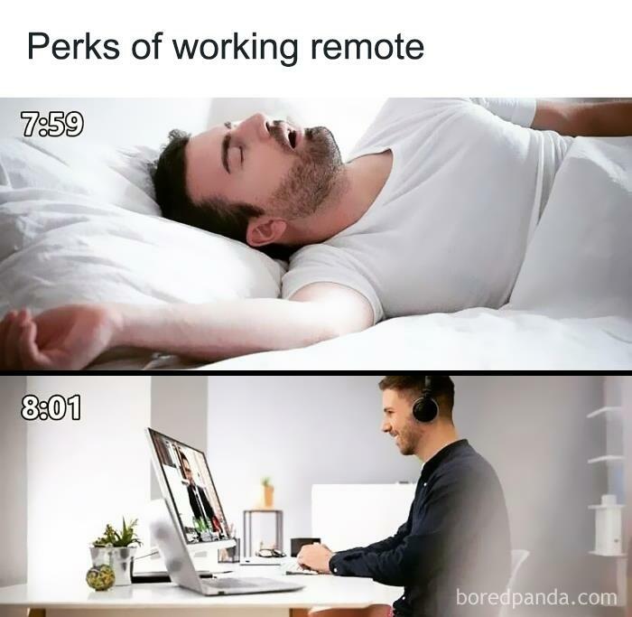 Man enjoying WFH flexibility, sleeping in at 7:59, joins a video call at 8:01.