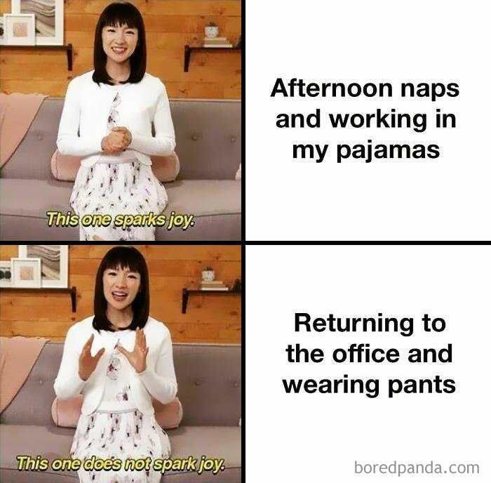 WFH meme with a woman comparing joy of pajamas and naps to displeasure of returning to office attire.